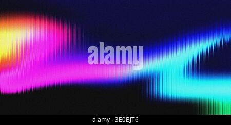 Eine lebendige, abstrakte Welle farbenfroher Neonlichts pulsiert und leuchtet über einen dunklen, strukturierten Hintergrund und erweckt ein Gefühl von Energie und digitalem Klang Stockfoto