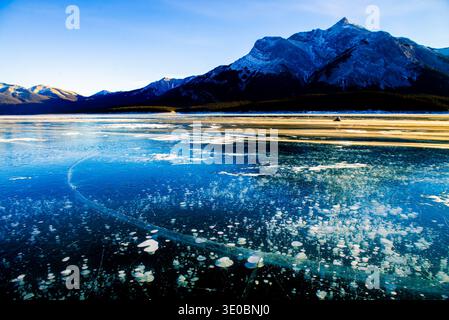 Abraham Lake, Mountain und Methanblasen. Der gefrorene Abraham Lake in Alberta, Kanada, zeigt einzigartige Methaneisblasen, die unter der Oberfläche eingeschlossen sind. Stockfoto