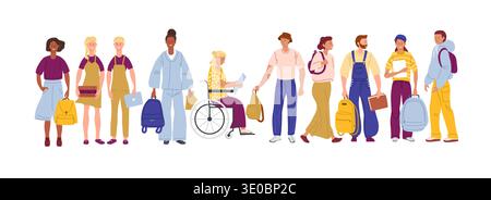 Schülerset. Verschiedene Personen in verschiedenen modischen Freizeitkleidung mit Taschen oder Rucksäcken. Vektorillustration für den Bildungsbereich. Stock Vektor