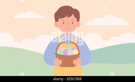 Lächelndes Kind mit einem Korb voller pastellfarbener Ostereier in einer weichen Frühlingslandschaft mit Wolken und Hügeln. Niedliche flache Vektor-Illustration Stock Vektor