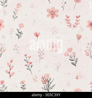 Nahtloses Aquarellmuster mit kleinen rosa Blumen und weichen grünen Blättern auf strukturiertem Papierhintergrund Stockfoto