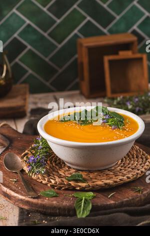 In einer Keramikschale wird ein lebhaftes orangenes Gemüsepüree serviert, garniert mit Spinatblättern und violetten Blüten. Die warme, rustikale Ästhetik verfügt über n Stockfoto