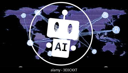 Weißer AI-Roboter im weißen Kreis über violetter Karte, die leuchtende Knoten mit blauen Bögen verbindet Stockfoto