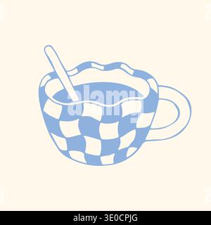 Handgezeichnete Kaffeetasse mit Löffel in kariertem Muster. Minimale blaue Linie Vektor Illustration im mediterranen Stil. Gemütliche Café-Drink-Ikone auf der Speisekarte Stock Vektor
