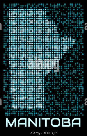 Digitale gepunktete Karte von Manitoba, Kanada, mit der Form der Provinz in einer zyanblauen Farbpalette auf dunklem Hintergrund. Stock Vektor