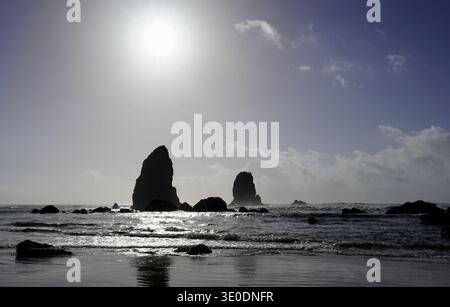 Der Haystack Rock in Oregon ist berühmt für seinen Film „Goonies“ Stockfoto