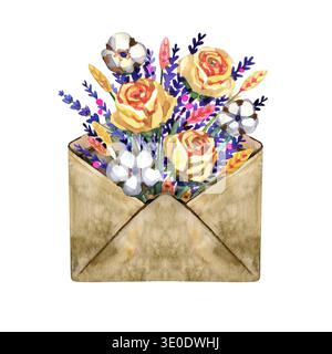 Handgezeichnete Aquarellillustration eines Vintage-Handwerks-Umschlags gefüllt mit einem lebhaften Blumenstrauß aus gelben Rosen, lila Lavendel und Baumwollblumen Stockfoto