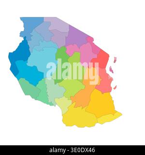 Tansania politische Karte der Verwaltungsbereiche - Regionen. Regenbogenspektrum bunte leere Vektorkarte. Stock Vektor