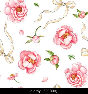 Nahtloses Muster mit Blüten und Knospen, rosa Pfingstrosenblüten und beiger Satinschleife. Hintergrund mit Frühlingsblumen und einer Schleife. Textur für Stoff, Verpackung Stockfoto