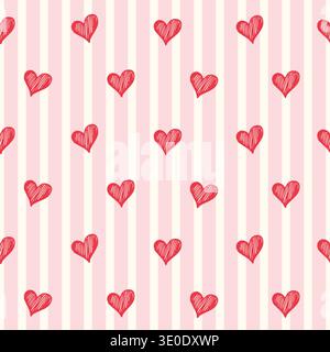 Nahtloses Herzmuster mit handgezeichneten roten Sketch-Herzen auf pastellrosa und cremigen Streifen. Für valentinstag Verpackung Textil Schreibwaren Gruß Stock Vektor