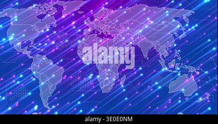 Umrissene Weltkarte im digitalen Hintergrund mit Neonstreifen und Partikeln Stockfoto