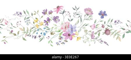 Nahtloses Muster mit Wildblumen und Blättern in Aquarellen. Handgezeichneter botanischer, wiederholter Hintergrund im Boho-Stil für Textilien, Tapeten. Stockfoto