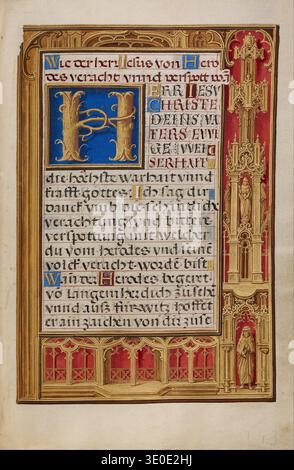 Diese reich verzierte Textseite, wahrscheinlich aus einer Handschrift oder einem beleuchteten Buch, stammt aus dem 15. Jahrhundert. Es enthält komplexe gotische Architekturelemente, ein großes beleuchtetes Initial „H“ auf blauem Hintergrund und eine detaillierte Schrift, möglicherweise in deutscher Sprache. Die akribische Kunstfertigkeit deutet darauf hin, dass sie von einem unbekannten Meister des spätmittelalterlichen Zeitalters geschaffen wurde. Stockfoto