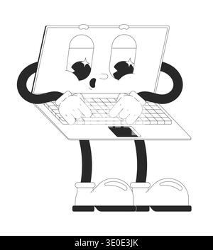 Laptop-Tippfunktion umrissen groovigen Maskottchencharakter Stock Vektor