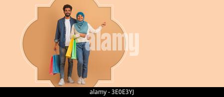 Paare genießen Shopping und lächeln, während sie zusammen in einer hellen und farbenfrohen Umgebung stehen Stockfoto