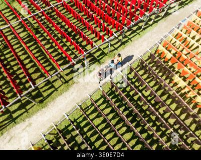 Aus der Vogelperspektive leuchtende rote und orangene Stoffe, die unter der Sonne trocknen und geometrische Schatten werfen, Narayanganj, Dhaka Division, Bangladesch. Stockfoto