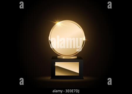 Goldene Preisverleihung, Nominierungsgewinner goldene Preismedaille am Stand, Siegesabzeichen bei Sportwettbewerben oder in der Filmindustrie Stock Vektor