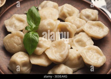 Verschiedene Teigtaschen serviert auf einem braunen Teller mit grünem Kräutergarnitur in einfacher Küche Stockfoto