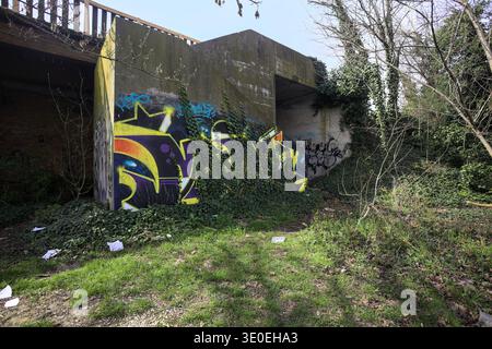 Betonbau mit einer Treppe, mit Graffitis bemalt, in einem Park an einem sonnigen Tag Stockfoto