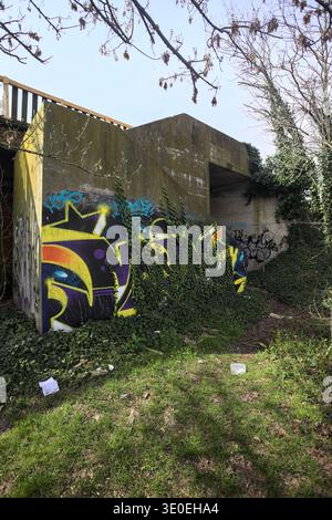 Betonbau mit einer Treppe, mit Graffitis bemalt, in einem Park an einem sonnigen Tag Stockfoto