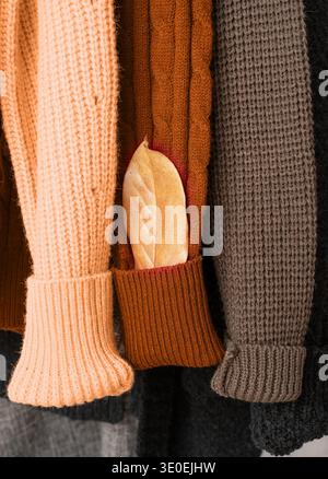 Farbe des Jahres 2024: Pfirsich Fuzz. Eine Reihe von verschiedenen farbenfrohen Strickpullis hängt an Kleiderbügeln, weißem Hintergrund, Herbst und Winter Stockfoto