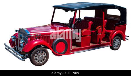 Roter Oldtimer mit offenem Oberdeck mit weichen Sitzen und klassischen Designelementen Stockfoto