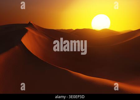 Majestätische Wüstenlandschaft mit einem großen, glühenden Sonnenuntergang hinter weit entfernten Dünen. Ein kraftvolles Bild, das Hitze, Einsamkeit und die raue Schönheit repräsentiert Stockfoto