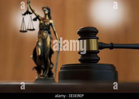 Hölzerner richterlicher Hammer im Fokus mit verschwommener Lady Justice Statue im Hintergrund. Symbol für Rechtssystem, Autorität und Gerichtsentscheid. Professional com Stockfoto