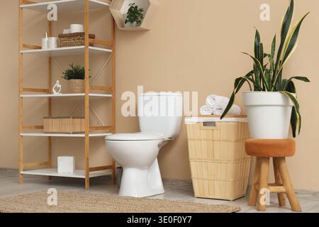 Innenseite der Toilette mit Toilettenschüssel, Regalschrank und Korb Stockfoto