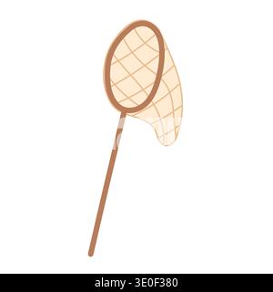 Einfache Fischernetzillustration mit Holzgriff, Werkzeug am Meer zum Fangen von Fischen, Meeresaktivitätskonzept für Strand-Lifestyle, Ozean-Hobby, Küste Stock Vektor