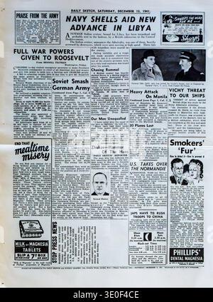 Titelseite der britischen Tageszeitung Sketch vom Samstag, 13. Dezember 1941. Die Schlagzeilen berichten über Ereignisse im Zweiten Weltkrieg, darunter den libyschen Vormarsch, sowjetische Gegenoffensiven gegen deutsche Truppen und Roosevelts Kriegsmächte. Werbung für Magnesiummilch und Phillips' Dental Magnesia flankieren die Berichte. Artikel behandeln den japanischen Angriff auf Manila und die US-amerikanische Beschlagnahme des französischen Linienschiffes Normandie. Enthält Porträts von General Schukow und Kommandeuren der Freien französischen Luftwaffe. Stockfoto