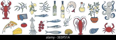 Handgefertigte italienische Küche mit Meeresfrüchten, Pizza, Olivenöl, Käse, Zitrusfrüchten und mediterranen Küchen. Stock Vektor