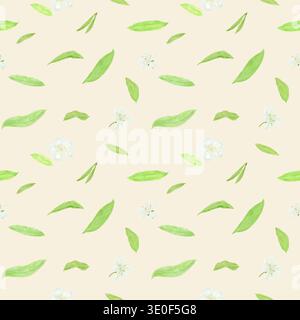 Grüne Blätter und Blumen, nahtloses Muster. Aquarellabbildung. Weidenzweig, Frühlingslaub, isoliert auf beigefarbenem Hintergrund. Für Karten, Einladung Stockfoto