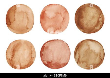 Braune Aquarellkreise Festgelegt. Handgemalte Kreisklumpen isoliert auf weißem Hintergrund. Aquarellkolben mit runden Beizen. Stockfoto