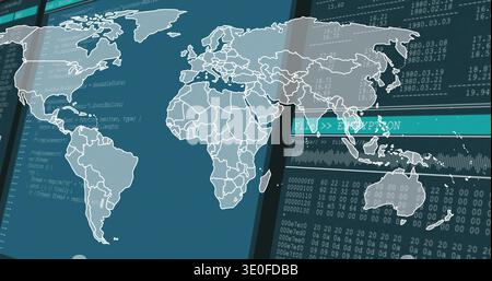 Anzeige von weiß umrissenen Weltkarten-Overlay auf einer Sicherheitskonsole mit mehreren Fenstern und Anzeige von Hexadezimalmatrizen Stockfoto