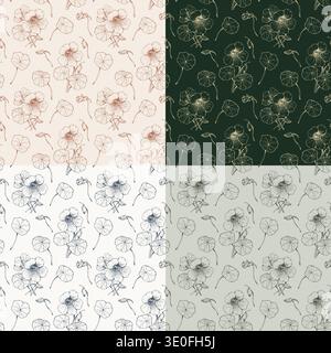 Set aus 4 nahtlosen Mustern handgezeichnete botanische Illustrationen von Kapuzinerknotenblüten und -Blättern. Line-Art-Sammlung in verschiedenen Farbpaletten Stock Vektor