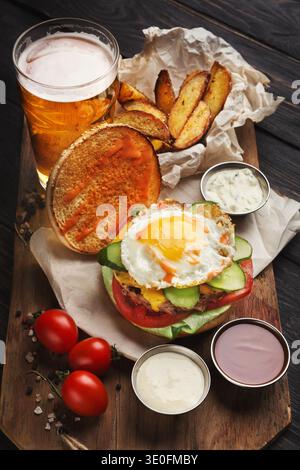 Food Collage mit Burger, Saucen, Kartoffeln und einem Bier auf einem Holztablett in einem Restaurant Stockfoto