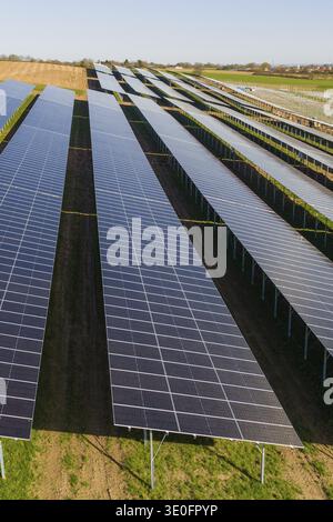 Nahaufnahme von Solarpaneelen in geordneten Reihen über Grünfeld, Agri PV Bau für Landwirtschaft, Enzkreis, Deutschland Stockfoto