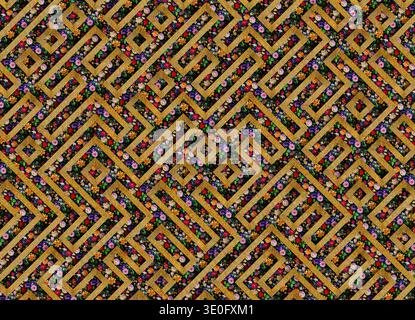 3D-Rendering einer dekorativen Textiloberfläche mit goldenen geflochtenen Kordeln, die in einem sich wiederholenden geometrischen Labyrinth mit Diamantformen und einem angeordnet sind Stockfoto