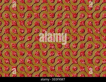 3D-Rendering einer dekorativen Textiloberfläche mit goldenen geflochtenen Kordeln, die sich wiederholende geometrische Schlaufen und kreisförmige Formen bilden. Die goldene Te Stockfoto