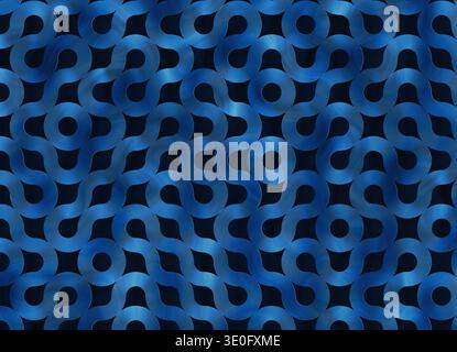 3D-Rendering einer abstrakten dekorativen Oberfläche aus blauen, metallisch gekrümmten Bändern, die in einem sich wiederholenden geometrischen Muster aus Schleifen und Kreisläufen angeordnet sind Stockfoto