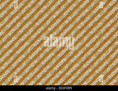 3D-Rendering einer dekorativen Oberfläche mit sich wiederholenden diagonalen Streifen aus geflochtenen goldfarbenen Textilschnüren, die auf einem weichen beigefarbenen Hintergrund angeordnet sind Stockfoto