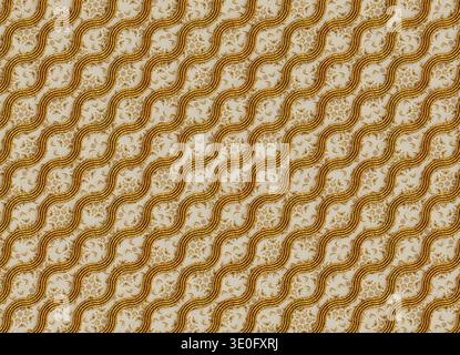 3D-Rendering einer dekorativen Oberfläche mit fließenden wellenförmigen Bändern aus geflochtenen goldenen Textilschnüren, die in einem sich wiederholenden Muster über A angeordnet sind Stockfoto