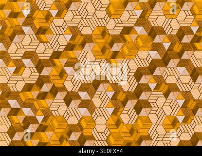 3D-Rendering einer komplexen geometrischen Tessellierung aus Dreieck- und Rautenformen, die angeordnet sind, um sich wiederholende Würfelillusionen zu erzeugen. Stockfoto