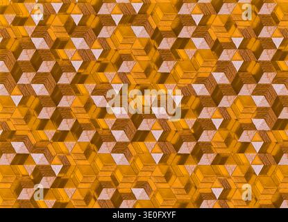 3D-Rendering eines sich wiederholenden geometrischen Musters aus Dreieck- und Rautenformen, die so angeordnet sind, dass eine isometrische Würfelsillusion entsteht. Stockfoto