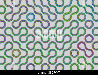 3D-Rendering einer abstrakten dekorativen Oberfläche aus glatten, gekrümmten Bändern, die zu sich wiederholenden Schleifen und fließenden geometrischen Verbindungen angeordnet sind. Stockfoto