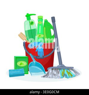 Reinigungszubehör-Set mit Eimer. Reinigungsservice oder Hausaufsatz mit Eimer, Besen, Kehrschaufel, Reinigungsmittel, Handschuhen und Schwamm. Vektorabbildung Stock Vektor