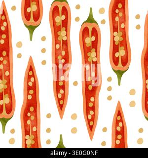 Handgezeichnetes, nahtloses Muster aus rotem Chili-Pfeffer und Chili-Samen-Illustrationen zum Verpacken Stockfoto