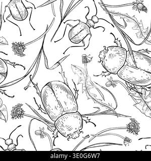Nahtloses Muster mit Käfern und Löwenzahn Blumen Vektor-Umriss. Handgezeichnete Schwarz-weiß-Illustration von Insekten und Wildpflanzen. Dekorativ Stock Vektor