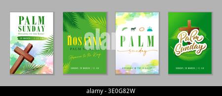 Palmensonntag, Hosanna an den König - kreative Grußkarten. Karwoche oder Ostereinladung mit Palmzweigen und Text. Vektorabbildung Stock Vektor